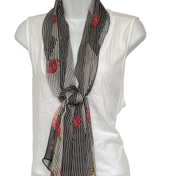 100% Silk Scarf Red Roses Black & White Stripes 21" x 70" Floral - Picture 7 of 7